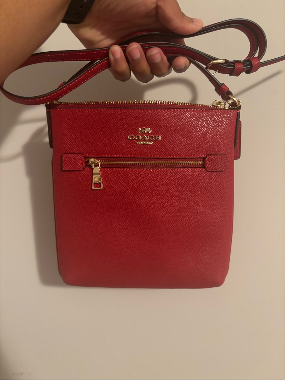 Coach Red Leather Mini Rowan File Bag Crossbody with Gold Accents